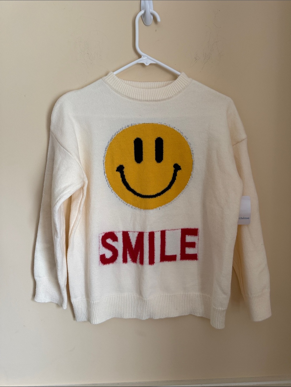 Cream 'Smile' Knit Sweater with Yellow Smile sweater Sz S/M - Picture 2 of 6